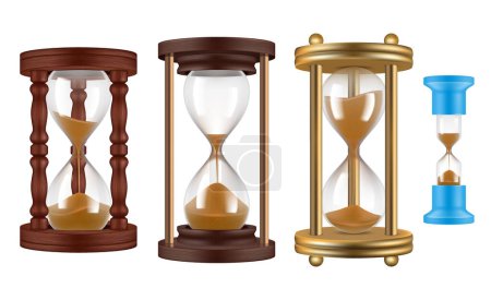 Téléchargez les illustrations : Des montres de sable. Rétro horloges vintage histoire horloges gestion objet illustrations réalistes. Sablier et horloge, temps de montre de sable, verre heure et compte à rebours - en licence libre de droit