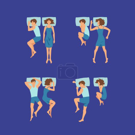 Illustration for Vector set of couple of man and woman sweet sleeping on pillows in bedroom poses illustration - Royalty Free Image