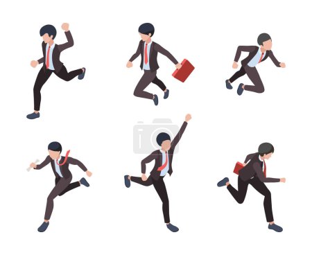 Illustration for Businessman running. People managers directors running to finish line career growth business victory vector concept isometric. Businessman isometric run, people business manager illustration - Royalty Free Image