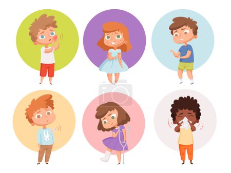 Illustration for Sick kids. Health problems children flu unhealthy people sickness vomiting vector characters. Unhealthy character with flu, child with get virus and cough illustration - Royalty Free Image