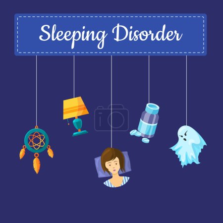 Illustration for Vector sleeping disorder concept illustration with cartoon sleep elements hanging on threads with place for text - Royalty Free Image