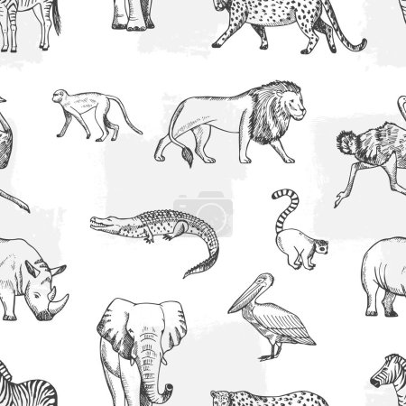 Illustration for Sketch animal pattern. African, asian fauna background. Elephant and monkey, lion and crocodile vector seamless texture. Illustration elephant and lion, jungle textile animals - Royalty Free Image