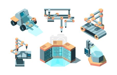 Illustration for Smart industry isometric. Machine future robotic technologies computing 3d remote production vector pictures set. Illustration smart machine, industry manufacturing, automation machinery - Royalty Free Image