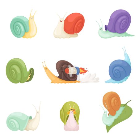 Illustration for Snails cartoon. Characters funny insects animals vector symbols of slow. Illustration funny gastropod, slime animal insect, snail fast - Royalty Free Image