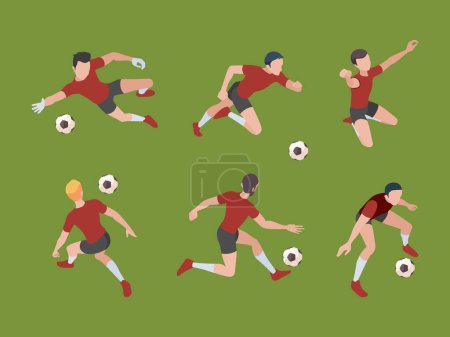 Illustration for Soccer players. Sport characters football gamers in active poses goalkeeper vector isometric adults 3d people. Soccer characters with ball isometric, active different illustration - Royalty Free Image
