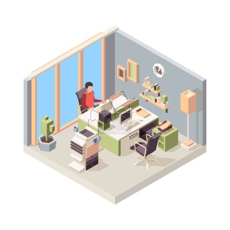 Illustration for Working place isometric. People businessman sitting on chair working table laptop monitor in office vector. Isometric business office, businessman work illustration - Royalty Free Image