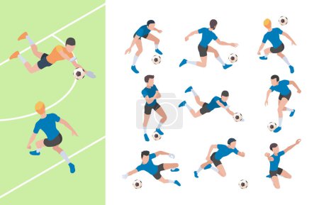 Illustration for Soccer characters. Isometric athletics persons football players sprinting on field vector 3d people. Soccer athlete, goalkeeper isometric, player team illustration - Royalty Free Image