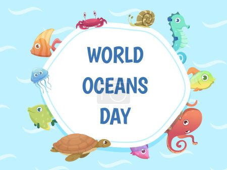 Illustration for World oceans day poster. Save water background. Sea wild animals vector illustration. Sea environment world save, starfish and snail, tortoise and wildlife - Royalty Free Image