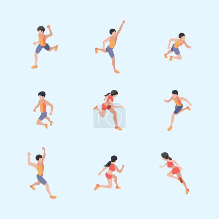 Illustration for Marathon runners. Sport healthy lifestyle people running vector isometric characters. Run girl and boy, male person runner illustration - Royalty Free Image