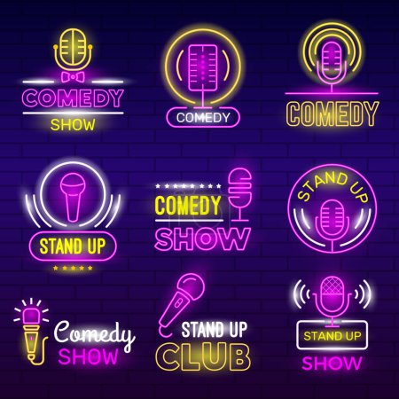 Illustration for Standup show. Retro microphone comedy club neon logotypes comedian identity vector set collection. Illustration standup comedy, humor stand up - Royalty Free Image