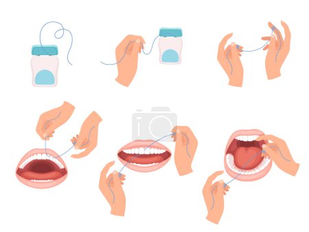 Illustration for Floss dental. Steps how to use hygiene floss for teeth medical dentist vector infographic scheme. Dental clean mouth, medical flossing care illustration - Royalty Free Image