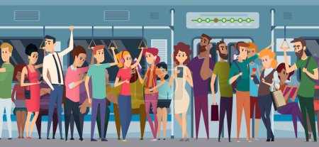 Illustration for Subway rush hour. Crowd in urban metro daily rushing people going to the work travellers in train with phone and books vector cartoon characters. Illustration crowd metro city, public transport subway - Royalty Free Image