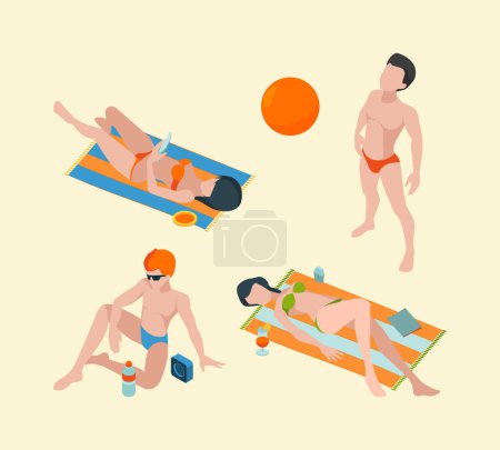 Ilustración de Gente de verano isométrica. Hombres y mujeres personajes de vacaciones en la colección de vectores de ropa de verano. Hombre en la playa de vacaciones, vacaciones de baño ilustración - Imagen libre de derechos