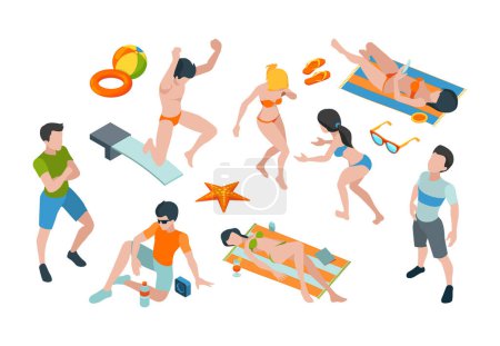 Illustration for Vacation people. Summer characters in swimsuits travel paradise male and female clothes vector isometric. Summer travel character, tourism and people in swimsuit illustration - Royalty Free Image
