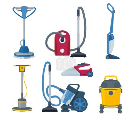 Illustration for Vacuum cleaner. Modern automatic electrical gadgets for cleaning service vector cartoon set. Vacuum electric appliance, domestic housework device illustration - Royalty Free Image