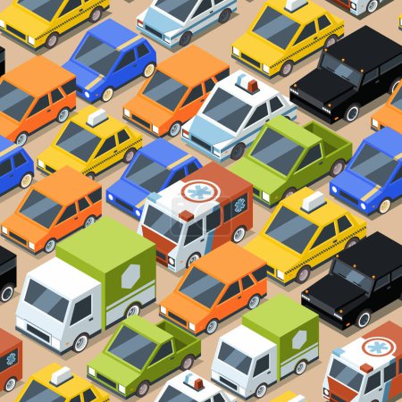 Illustration for Urban traffic pattern. Jammed city transport cars buses van vector seamless background for textile design projects. Transportation traffic pattern, vehicle urban jam, automobile transport illustration - Royalty Free Image