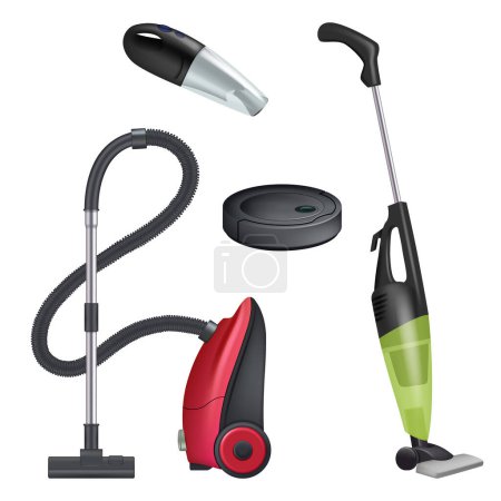 Illustration for Vacuum cleaner. Realistic equipment for cleaning service modern automatic cleaner vector collection. Wireless gadget, vacuum appliance, domestic housework illustration - Royalty Free Image
