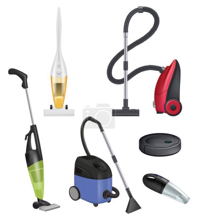 Illustration for Vacuum cleaner modern. Carpet cleaner vector realistic items sanitation rooms. Hoover and vacuum, gadget wireless cleanup illustration - Royalty Free Image