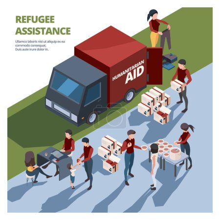 Illustration for Volunteer working. Caring team helping to homeless persons social donation aid elderly van with cargo packages vector isometric. Volunteer care and donate, group people support illustration - Royalty Free Image