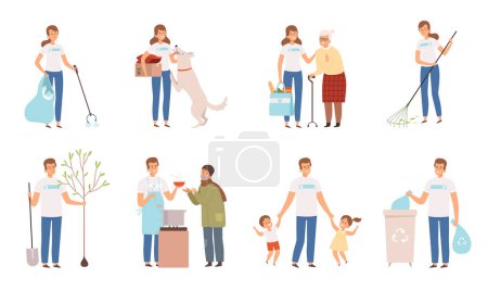 Illustration for Volunteers characters. People social working and donation care weather protection of disability persons old man vector. Illustration help volunteer, social care service, community volunteering - Royalty Free Image