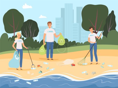 Illustration for Volunteers working. People social work together team of characters protect nature garbage processing in park vector background. Social volunteer community, processing collect rubbish illustration - Royalty Free Image