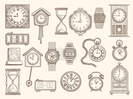 Illustration for Watches set. Drawing clocks timers alarms vector pictures collection. Timer and watch, alarm clock drawing, doodle stopwatch sketch illustration - Royalty Free Image