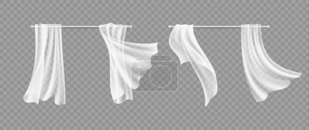 Illustration for Window curtains. Transparent white silk hanging fabric. Isolated realistic interior design and decoration of windows. Light flying cloth vector illustration. Transparent silk curtain, fabric interior - Royalty Free Image