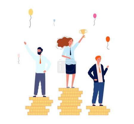 Illustration for Winner ranking. Businessmen on money pedestals. Woman with golden victory cup vector concept. Winner success with cup trophy, business victory illustration - Royalty Free Image