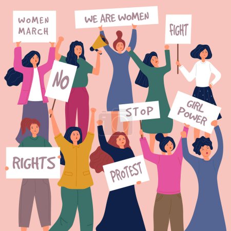 Illustration for Feministic meeting. Woman protest female young characters with placards politic actions vector crowd people. Feministic meeting, politic action protest, activist with placard - Royalty Free Image