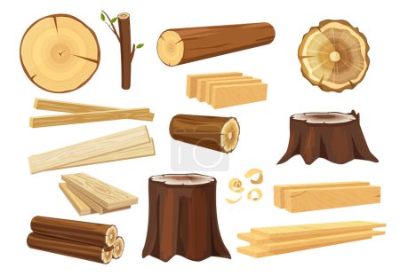 Illustration for Wooden industry. Lumber trunks stacking log vector forestry objects stump and branches collection. Illustration industry lumber, stump cut carpentry - Royalty Free Image