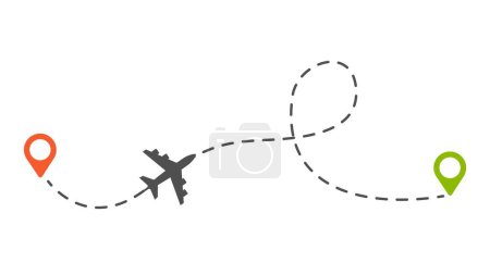 Téléchargez les illustrations : Route aérienne. Illustration vectorielle en pointillés d'avion ou d'aéronef isolé. Trajectoire de voyage en pointillés, plan de route marqueur - en licence libre de droit