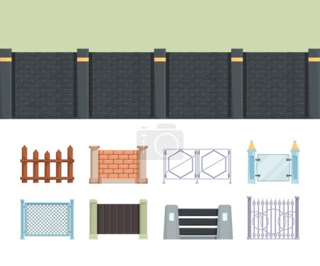Illustration for Fence. Wooden and brick fences for village farm vector outdoor elements for residential house building. Fence village, wood wall for yard garden illustration - Royalty Free Image