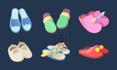 Illustration for Home slippers. Fashion footwear soft textile hotel garments vector slippers collection isolated. Fluffy footwear domestic, pair slippers for children illustration - Royalty Free Image