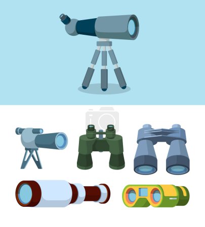 Ilustración de Binoculares. Reflexión de telescopio de viaje herramientas ópticas para la exploración al aire libre vector ilustraciones de estilo plano. Lente de navegación, equipo de búsqueda, zoom y visión - Imagen libre de derechos