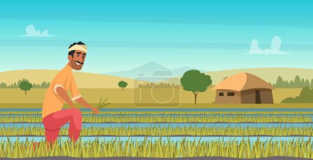 Ilustración de Agricultura india trabajando. Cosecha del agricultor en campo Asia vector fondo en estilo de dibujos animados. Agricultura agrícola, ilustración de la agricultura india de los trabajadores - Imagen libre de derechos