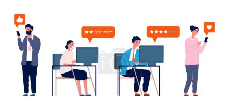 Illustration for People posting review. Woman man give rating, writing feedback in social media or online store vector illustration. People social review online, post internet - Royalty Free Image