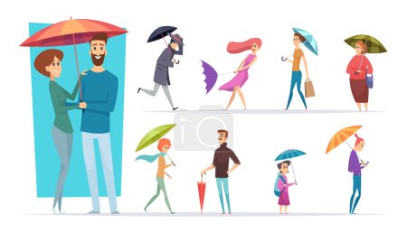 Téléchargez les illustrations : Des gens avec un parapluie. Pluie journée de marche adultes hommes et femmes tenant parapluie dans les mains personnages vectoriels. Illustration homme protéger imperméable, les gens versent - en licence libre de droit