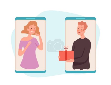 Illustration for People with gift. Man gives box woman, online present service vector illustration. Gift box online, woman surprise, birthday party - Royalty Free Image