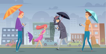 Ilustración de Lluvia en la ciudad. Gente caminando con paraguas en paisaje urbano vector fondo concepto estacional. Ilustración tormenta ciudad, naturaleza clima al aire libre - Imagen libre de derechos
