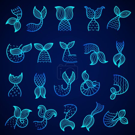Téléchargez les illustrations : Des queues de sirène. Symboles d'eau de mer dessinés queues de poissons échelle vectorielle ensemble. Illustration queue de sirène marine, femelle sous-marine - en licence libre de droit