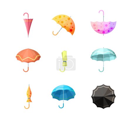 Téléchargez les illustrations : Icône des parapluies. Objets protection contre la pluie d'automne différentes vues de la collection de parapluies vectoriels. Parapluie de protection, parasol météo avec anse illustration - en licence libre de droit