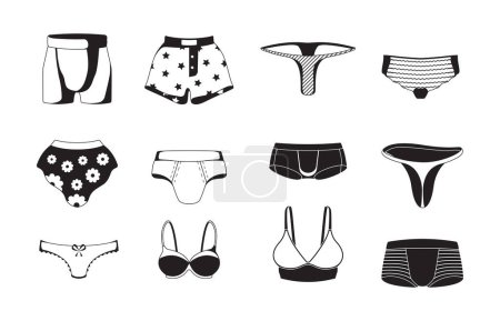 Illustration for Underwear silhouettes. Male and female panties fashioned lingerie vector symbols of clothes. Illustration lingerie panties, underwear clothes - Royalty Free Image