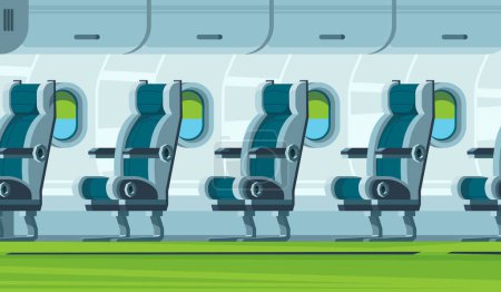 Illustration for Airplane interior. Transportation cabin seats aircraft salon vector flat illustration. Plane interior for comfortable tourism, travel salon - Royalty Free Image
