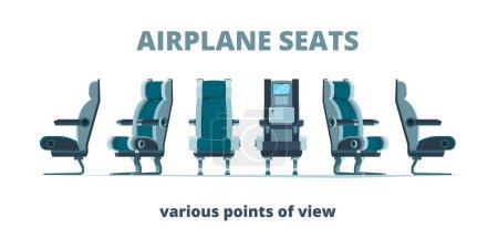 Ilustración de Asiento del avión. Sillones interiores de aviones en diferentes imágenes planas de vector de vista lateral. Ilustración asiento interior avión, sillas de confort - Imagen libre de derechos