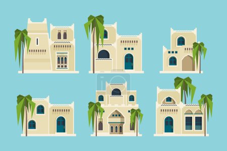 Illustration for Ancient arabic houses. Old traditional muslim brick buildings desert architectural objects mosque vector flat collection. Muslim architectural structure, sandstone house illustration - Royalty Free Image