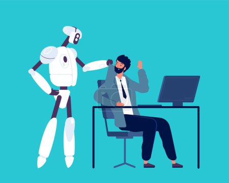 Illustration for Android and human. Robot kick away business person from office workspace artificial intelligence future job vector concept. Innovation humanoid and businessman, replace man illustration - Royalty Free Image