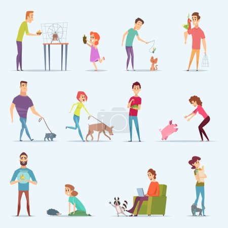 Illustration for Animal owners. Dog kitten aquarium fishes people with lovely domestic animals vector cartoon characters. Illustration pet animal, domestic hedgehog, pig and dog, cat and parrot - Royalty Free Image