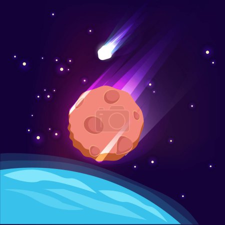 Ilustración de Asteroide en el espacio. Meteorito en el cielo oscuro apocalipsis concepto gran estrella cometa brillante vector de fondo. Astronomía asteroide cometa, apocalipsis meteorito ilustración - Imagen libre de derechos