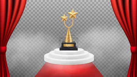Illustration for Award background. Golden trophy on white podium and red carpet and curtains. Vector realistic award winning backdrop. Vip celebrity event, triumph and success illustration - Royalty Free Image