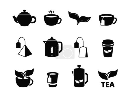 Téléchargez les illustrations : Icônes de thé noir. Brewing boissons chaudes à base de plantes glacées et laisse ensemble pictogramme vectoriel. Boissons chaudes en tasse, thé petit déjeuner illustration verte et noire - en licence libre de droit